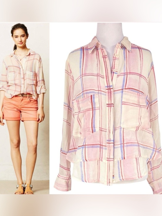 HOLDING HORSES Tops - ANTHROPOLOGIE/HOLDING HORSES Pink Plaid Button-Down Shirt with Periwinkle Accent